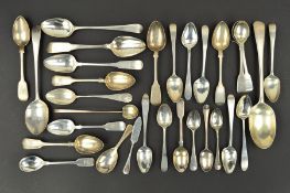 A PARCEL OF MOSTLY LATE GEORGIAN AND VICTORIAN SILVER TEASPOONS AND OTHER FLATWARE, including Dublin
