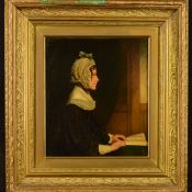 19TH CENTURY BRITISH SCHOOL, half length side profile portrait of a lady seated at a table with an