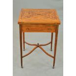 A VICTORIAN ROSEWOOD, ROSEWOOD SIMULATED AND INLAID ENVELOPE TOP CARD TABLE, of square form, each