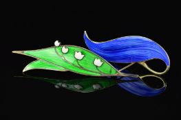 TWO NORWEGIAN DESIGNER ENAMEL BROOCHES, the first a blue enamel leaf brooch by Finn Jensen, the
