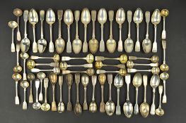 A PARCEL OF 19TH CENTURY SILVER FIDDLE PATTERN FLATWARE, all teaspoons and condiment spoons,