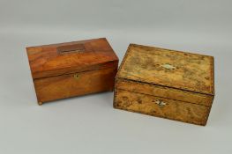 AN EARLY 19TH CENTURY ROSEWOOD TEA CADDY, of sarcophagus form, brass shield escutcheon, the interior