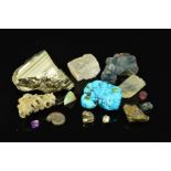 A SELECTION OF GEM CRYSTAL SPECIMENS AND MINERALS, to include turquoise, bloodstone, hematite,