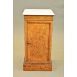 A VICTORIAN BURR WALNUT AND INLAID POT CUPBOARD, of square form, white marble top with moulded edge,