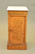 A VICTORIAN BURR WALNUT AND INLAID POT CUPBOARD, of square form, white marble top with moulded edge,