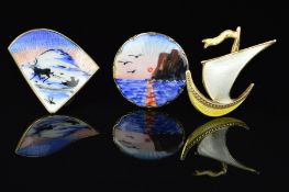 THREE NORWEGIAN ENAMEL BROOCHES BY IVAR T. HOLTH, the first of circular outline with scalloped