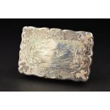 A VICTORIAN SILVER SNUFF BOX, of wavy rectangular outline, the hinged cover engraved with a duck