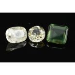 THREE MIXED VARI-CUT SAPPHIRES, to include an emerald cut green sapphire, measuring 9.6mm x 9mm,
