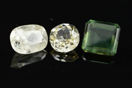 THREE MIXED VARI-CUT SAPPHIRES, to include an emerald cut green sapphire, measuring 9.6mm x 9mm,