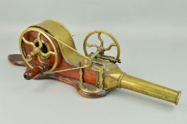 A SET OF LATE 19TH CENTURY BRASS AND MAHOGANY BELLOWS, hand cranked mechanism, overall length