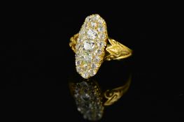 A VICTORIAN GOLD DIAMOND 'UP FINGER' RING, a marquise cluster of graduated old cushion and old