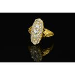 A VICTORIAN GOLD DIAMOND 'UP FINGER' RING, a marquise cluster of graduated old cushion and old