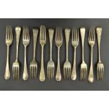 A MATCHED SET OF SIX HANOVERIAN PATTERN TABLE FORKS, all engraved with a crest, maker George