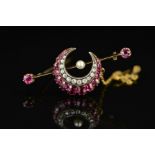 A VICTORIAN GOLD RUBY, PEARL AND DIAMOND CRESCENT BAR BROOCH, crescent comprised of graduated oval