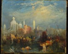 LATE 18TH/EARLY 19TH CENTURY IN THE STYLE OF TURNER, Venetian scene from the water, oil sketch on