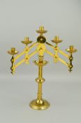 A VICTORIAN BRASS GOTHIC ECCLESIASTICAL FIVE LIGHT CANDELABRUM, with screw fitting to adjust angle