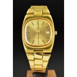 A MID TO LATE 20TH CENTURY GOLD PLATED GENT'S OMEGA WRISTWATCH, cushion shape dial, gold dial with