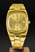A MID TO LATE 20TH CENTURY GOLD PLATED GENT'S OMEGA WRISTWATCH, cushion shape dial, gold dial with