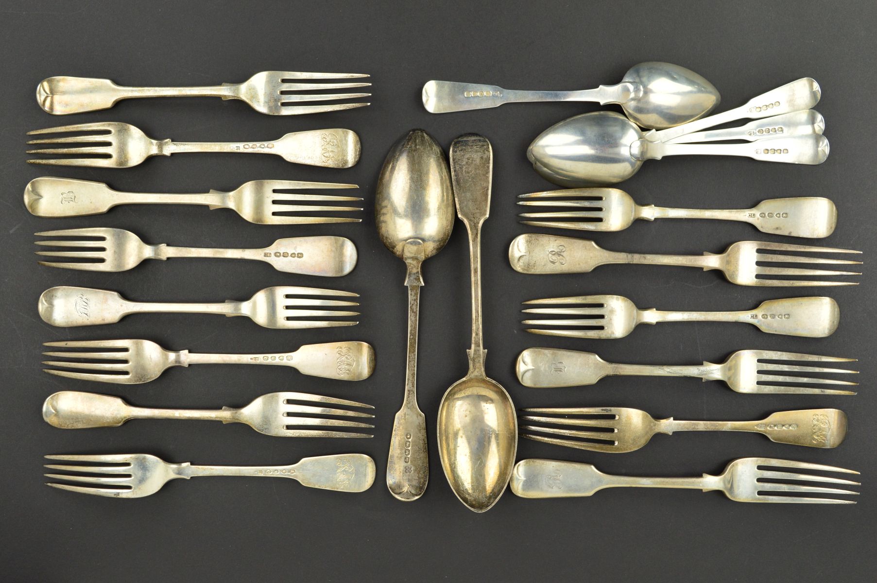 A PARCEL OF 19TH CENTURY SILVER FIDDLE PATTERN FLATWARE, comprising a pair of tablespoons, makers - Image 3 of 8