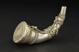 A VICTORIAN SILVER SAMPSON MORDAN & CO COMBINATION VINAIGRETTE AND PERFUME FLASK, of horn form,