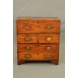 AN EARLY 19TH CENTURY MAHOGANY AND CAMPHORWOOD CAMPAIGN SECRETAIRE CHEST, ebony stringing, the