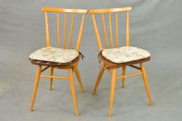 A PAIR OF ERCOL ASH AND BEECH STICK BACK CHAIRS, (condition: good overall condition, some light