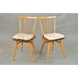 A PAIR OF ERCOL ASH AND BEECH STICK BACK CHAIRS, (condition: good overall condition, some light