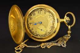AN EARLY 20TH CENTURY GOLD SWISS QUARTER REPEATING FULL HUNTER POCKET WATCH, case measuring
