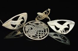 FOUR SHETLAND SILVER BROOCHES, two by Osprey depicting a bird of prey within a curved triangular