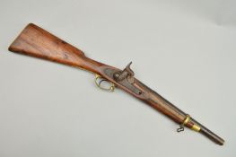 AN ANTIQUE 28 BORE 14 1/4'' BARREL PERCUSSION CARBINE, of native manufacture, the action is