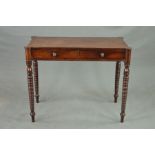 A REGENCY MAHOGANY SIDE TABLE, the rectangular top with rounded corners above two drawers, on four