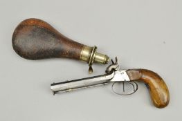 AN ANTIQUE DOUBLE BARRELLED PERCUSSION POCKET PISTOL, with rifled barrels, it bears no proof