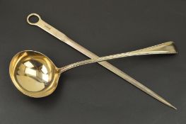 A VICTORIAN SILVER BEAD PATTERN SOUP LADLE, engraved crest, makers Chawner & Co (George William