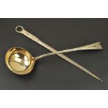A VICTORIAN SILVER BEAD PATTERN SOUP LADLE, engraved crest, makers Chawner & Co (George William