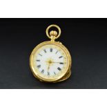 AN EARLY 20TH CENTURY 18CT GOLD SMALL OPEN FACED POCKET WATCH, white gold inlaid, enamel dial