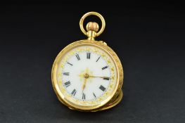 AN EARLY 20TH CENTURY 18CT GOLD SMALL OPEN FACED POCKET WATCH, white gold inlaid, enamel dial