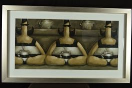 IAN RAWLING (BRITISH 1966), 'Take Five', depicting three ladies drinking tea, oil pastel on board,