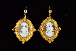 A PAIR OF MID VICTORIAN CAMEO EAR PENDANTS, two shell cameo depicting different adaptations of
