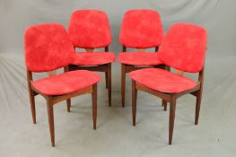 ELLIOTS OF NEWBURY, a set of four teak framed dining chairs with red upholstered seat and back (