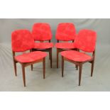 ELLIOTS OF NEWBURY, a set of four teak framed dining chairs with red upholstered seat and back (