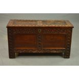 AN 18TH CENTURY OAK COFFER, the hinged top with two panels carved with leaf and guilloche design,