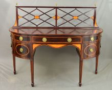 AN EDWARDIAN MAHOGANY AND INLAID BOW FRONT SIDEBOARD IN GEORGE III STYLE, the raised back with three