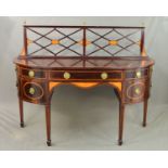 AN EDWARDIAN MAHOGANY AND INLAID BOW FRONT SIDEBOARD IN GEORGE III STYLE, the raised back with three