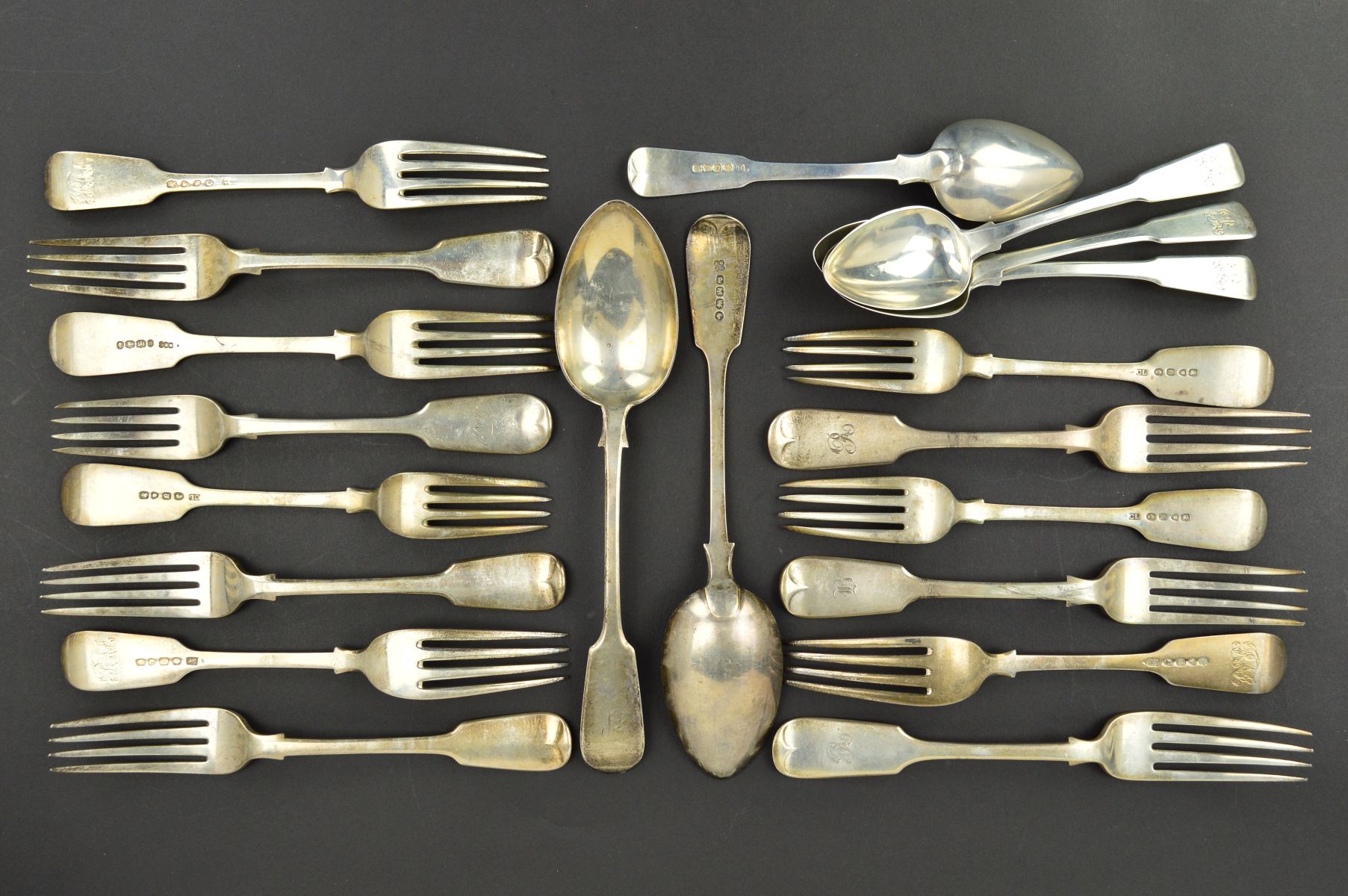 A PARCEL OF 19TH CENTURY SILVER FIDDLE PATTERN FLATWARE, comprising a pair of tablespoons, makers - Image 2 of 8