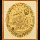 A LATE 18TH / EARLY 19TH CENTURY EMBROIDERED OVAL SILK MAP OF ENGLAND AND WALES, with floral