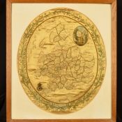 A LATE 18TH / EARLY 19TH CENTURY EMBROIDERED OVAL SILK MAP OF ENGLAND AND WALES, with floral