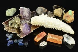 A SELECTION OF GEM CRYSTAL SPECIMENS AND MINERALS, to include sapphire, topaz, chiastolite,