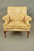 A GEORGE II STYLE WALNUT FRAMED LOVE SEAT, the rectangular back above outward scrolled arms, squab