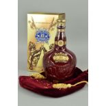 A RUBY PORCELAIN FLAGON CONTAINING CHIVAS BROTHERS ROYAL SALUTE, 21 year old blended Scotch