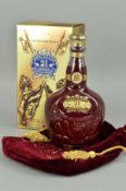 A RUBY PORCELAIN FLAGON CONTAINING CHIVAS BROTHERS ROYAL SALUTE, 21 year old blended Scotch
